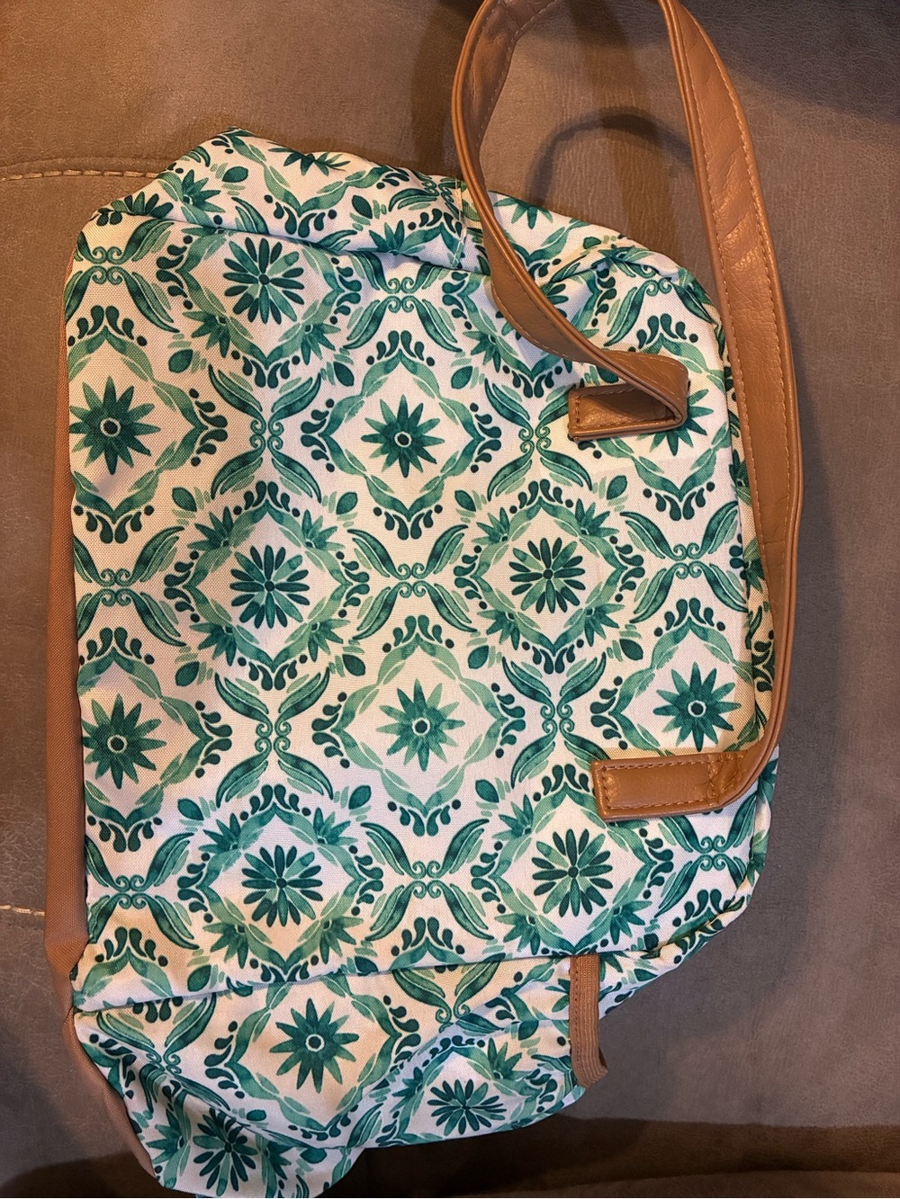 Women’s Green Patterned Crossbody Bag with Tan Trim - Picture 1 of 2